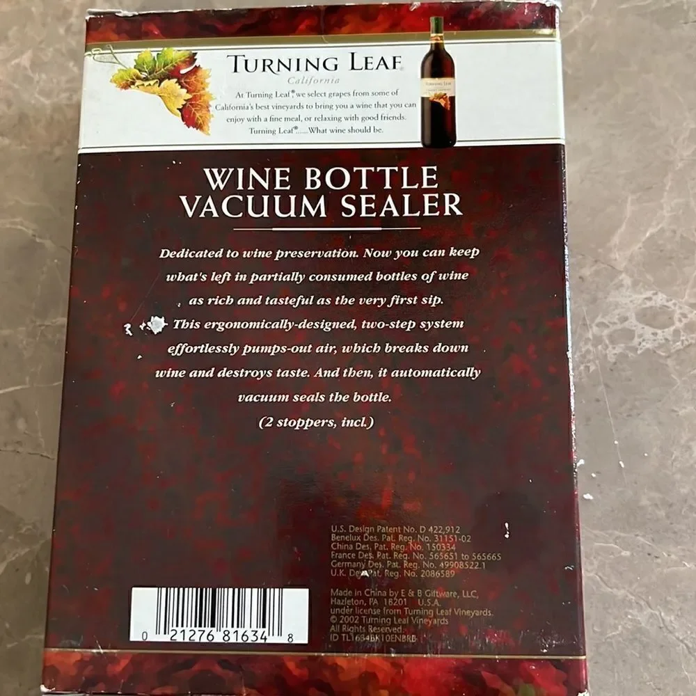 Turning leaf wine bottle vacuum sealer set- new in box
